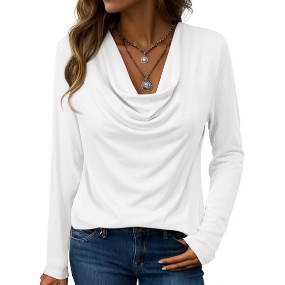 Tops - Women's Polyester Cowl Neck Top Loose Fit Long Sleeve Fall Casual Office